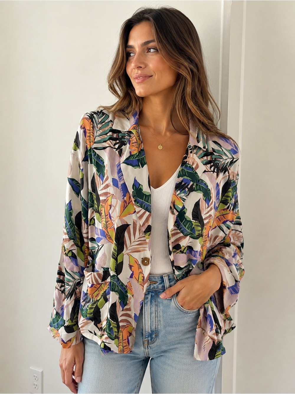 Sanctuary Size S Tropical Botanical Print Blazer Rayon Resort Jacket